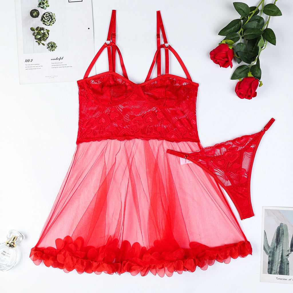 Valentine Day Red Sexy Pajamas Lace Stitching Mesh See through Suspender Skirt T Back Two Piece Sets Women