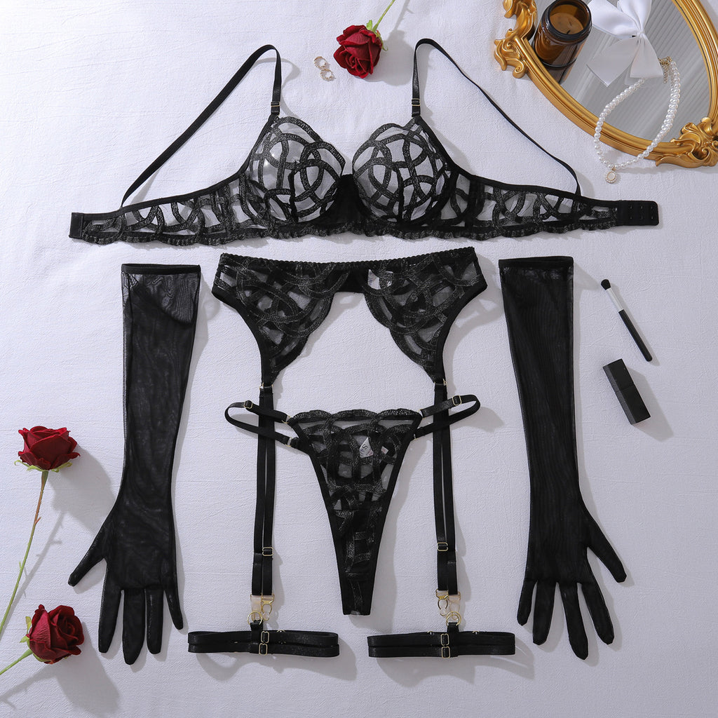 Complex Machine Embroidery See through Slim Fit Adjustable Sexy Underwear Split with Steel Ring
