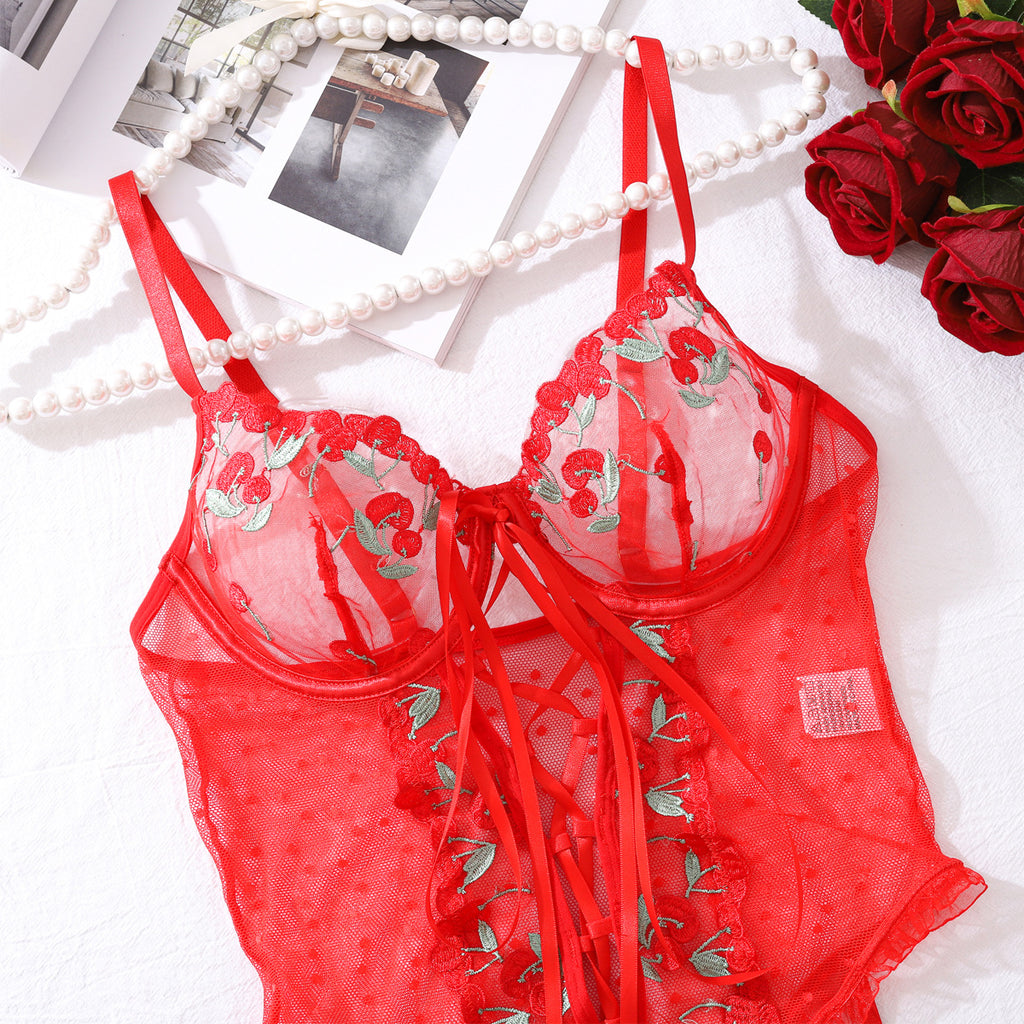 Underwear Sexy Red Mesh Lace Stitching Low Cut Hollow Out Cutout Sexy Jumpsuit