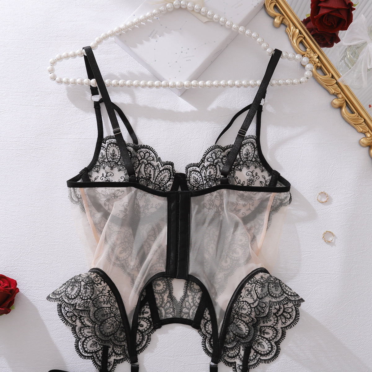 Eyelash Lace Embroidery See through Stitching Mesh Push up Thin Sexy Bodybuilding Two Piece Set