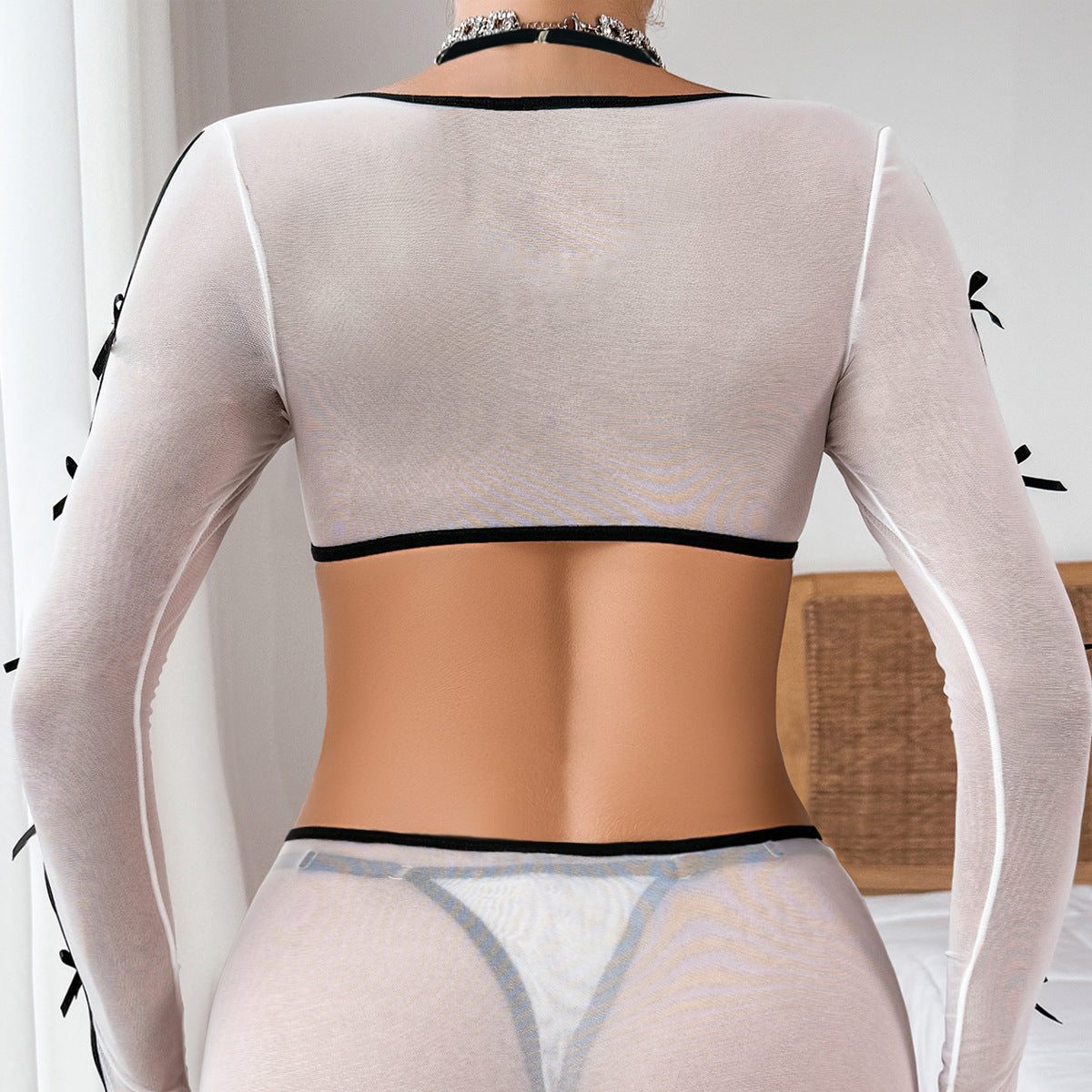 Mesh Contrast Color Sexy Bow Lace up Long Sleeve Halter Underwear See through Hip Skirt Sexy Three Piece Set