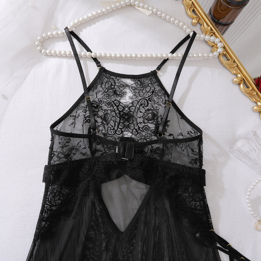 Eyelash Lace Sexy Hollow Out Cutout out Camisole Stitching Comfortable Mesh See through Nightdress Two Piece Sets