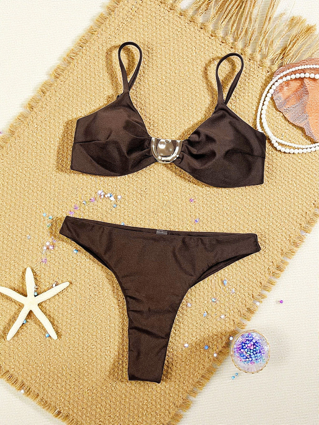 Vacation Strap Split Swimsuit Women Triangle Bikini Swimsuit Solid Color