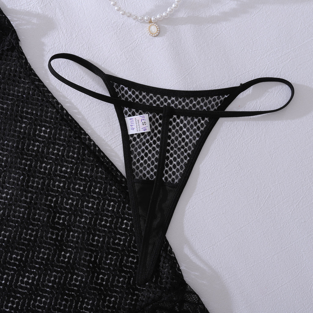 Deep V Plunge See through Lace Hollow Out Cutout Fishnet Clothes Body Shaping Sheath Sexy Sling Split Set