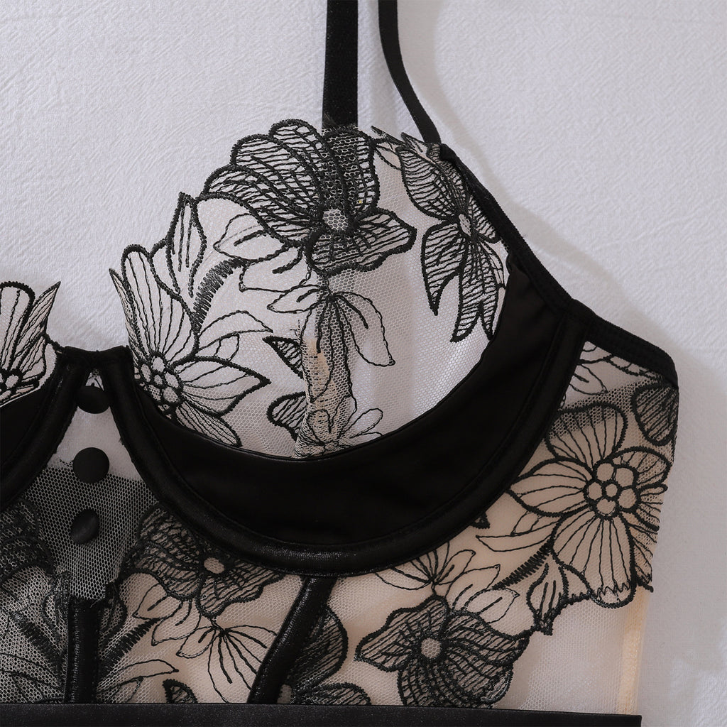 Embroidery See through Stitching Body Shaping Steel Ring Push up Sexy Split Set