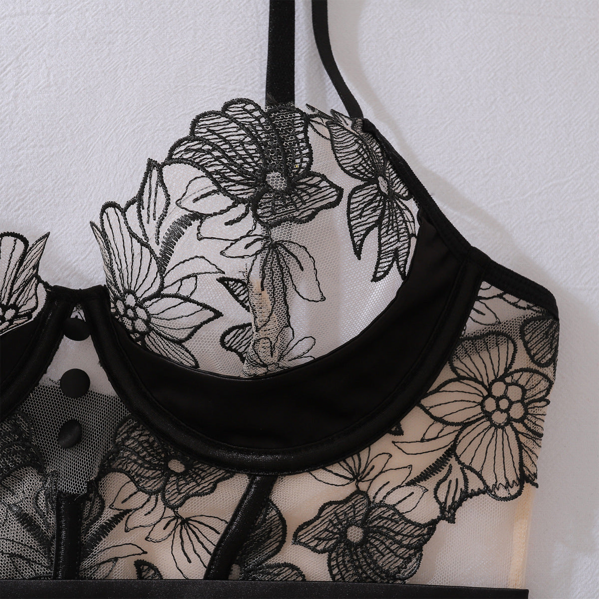 Embroidery See through Stitching Body Shaping Steel Ring Push up Sexy Split Set