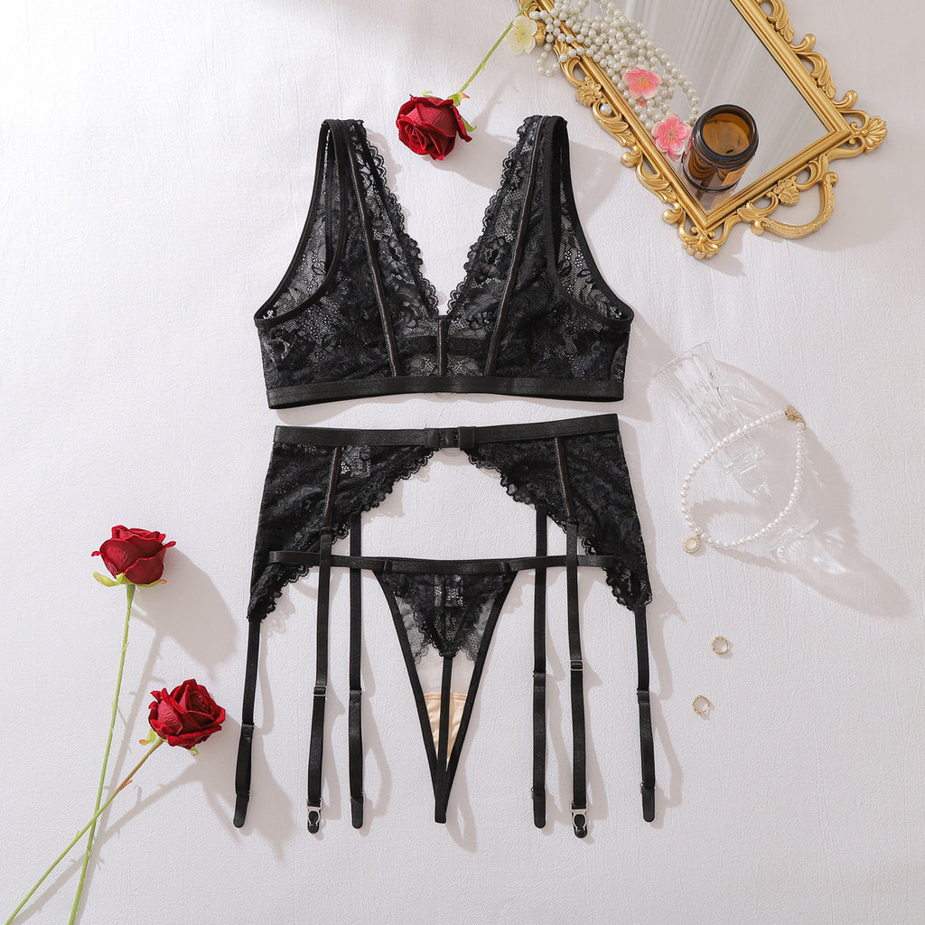 Floral Lace Hollow Out Cutout out See through Body Shaping Sexy Three Point Underwear Split Three Piece Sets