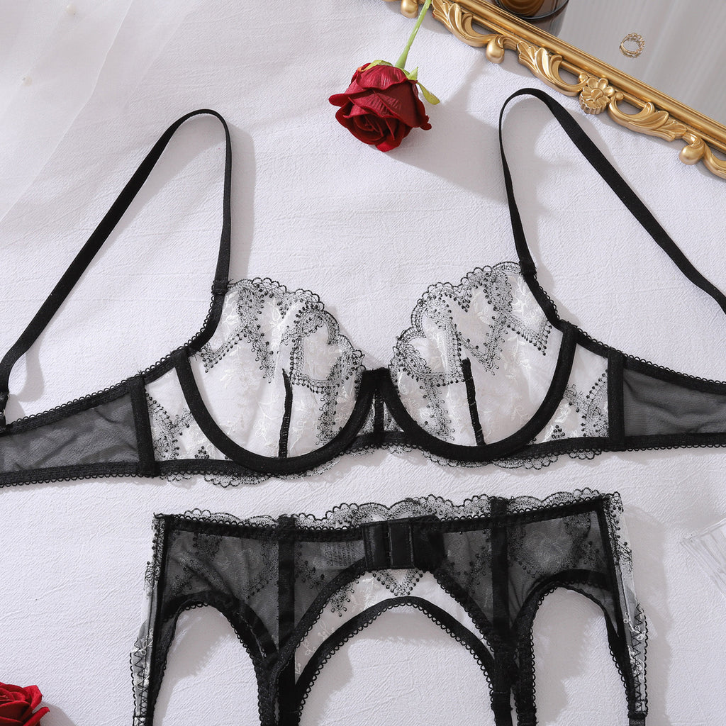 Love Contrast Color See through Embroidery Body Shaping Sexy Three Point Underwear Split Set