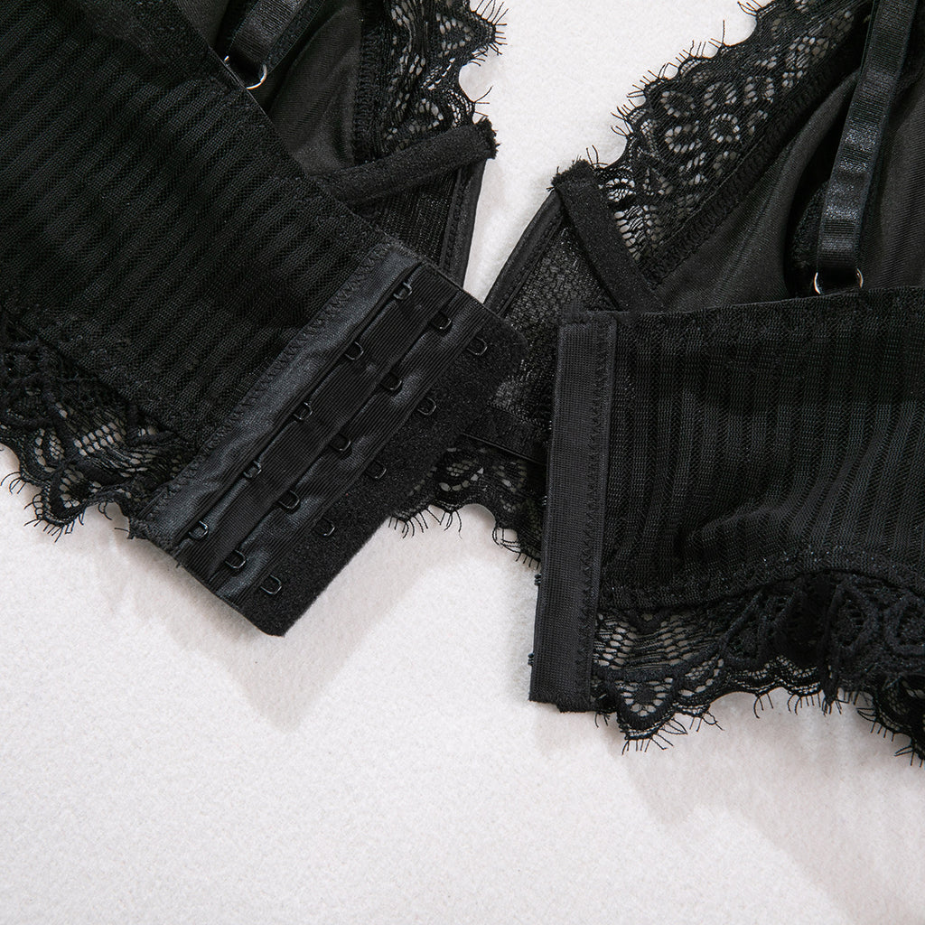 Sexy Deep V Plunge neck Strap French Lace Ribbon Steel Ring Base Bra
