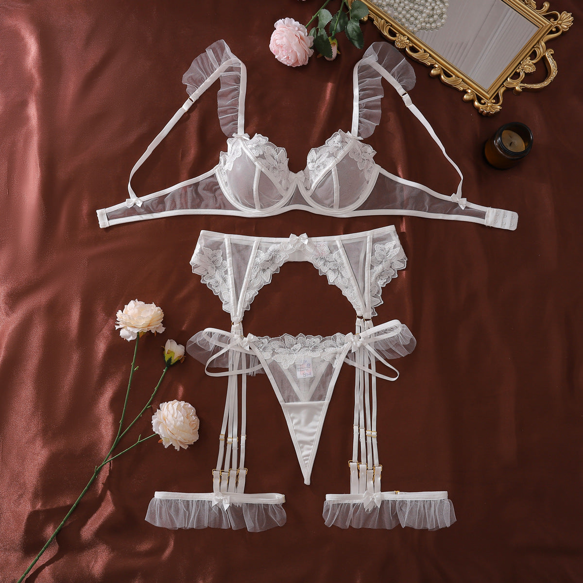 Light Lace Stitching See through Floral Embroidery Body Shaping Sexy Underwear Split Set