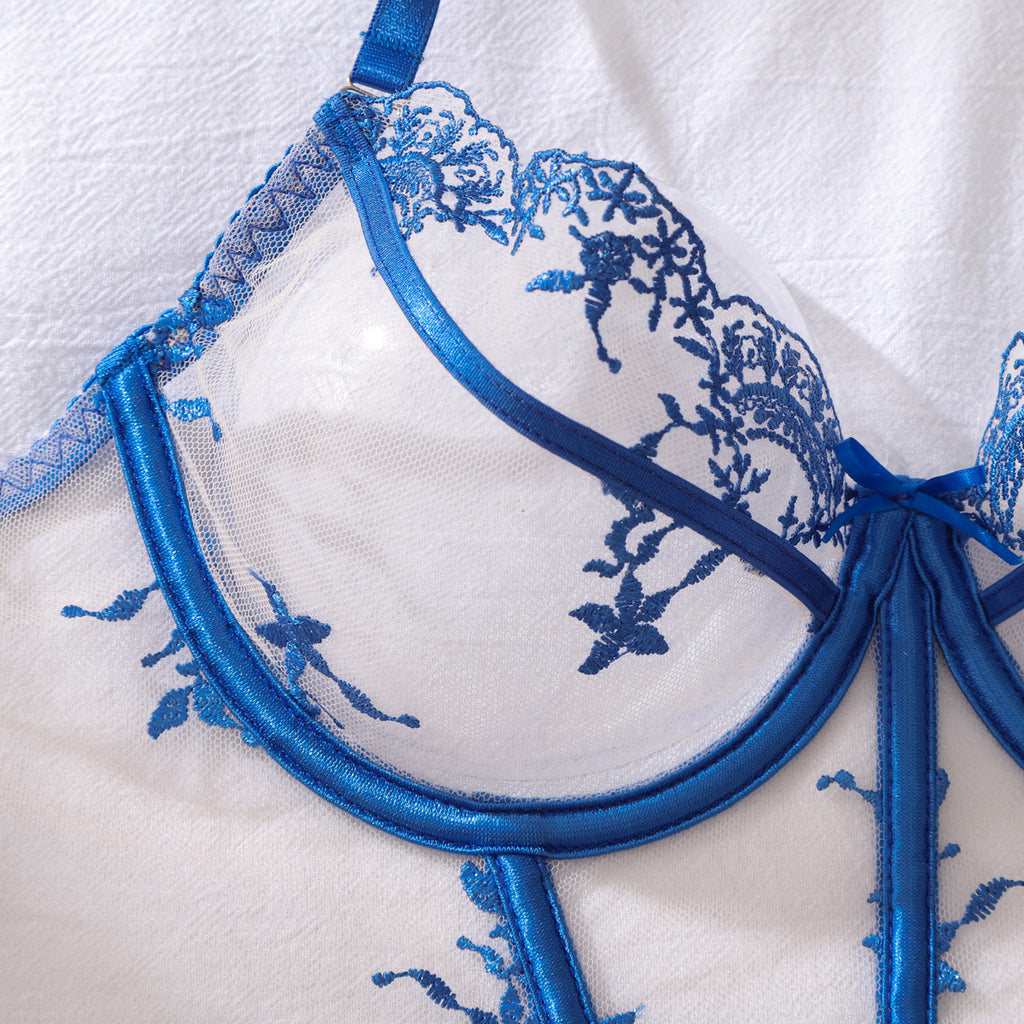 Bowknot Decorative Blue Floral Embroidery Cinched Waist Slim Fit Sexy Split Underwear Set