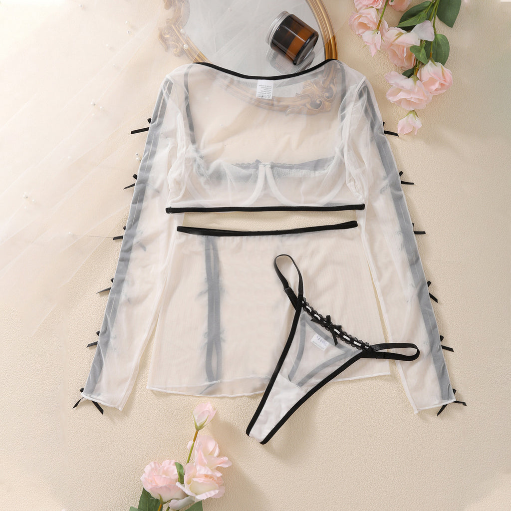 Mesh Contrast Color Sexy Bow Lace up Long Sleeve Halter Underwear See through Hip Skirt Sexy Three Piece Set