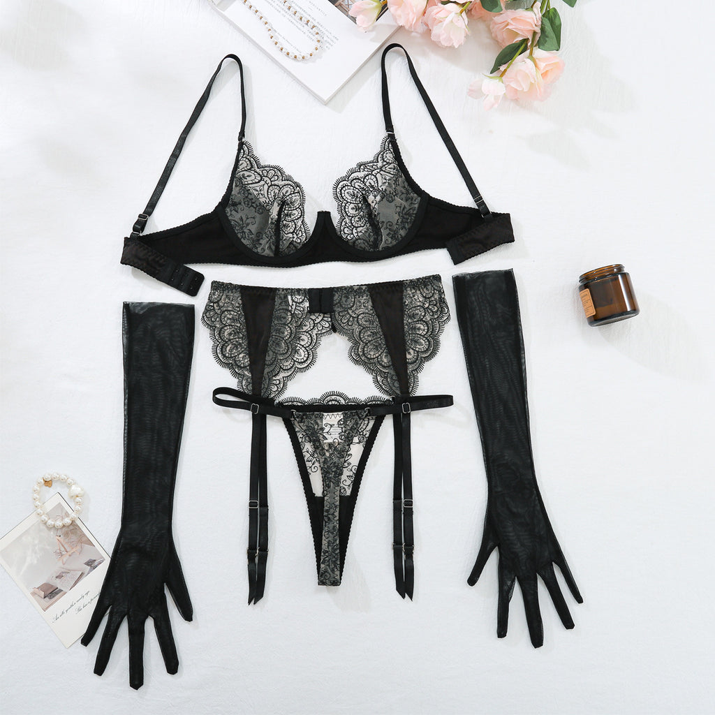 Popular Sexy Embroidery Lace Sexy Backless Bra Four Piece Set