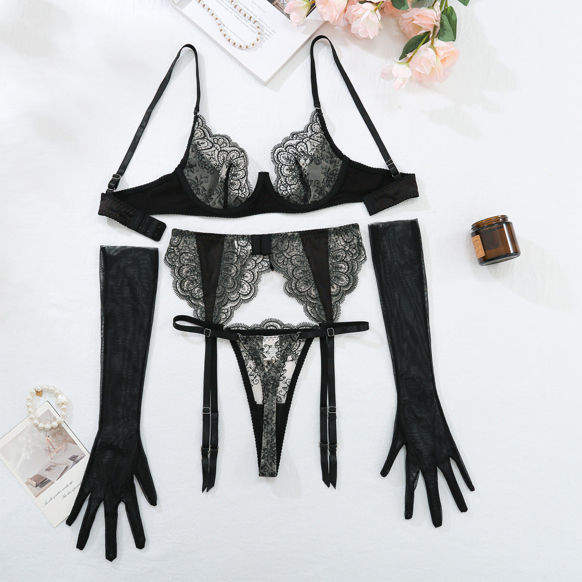 Popular Sexy Embroidery Lace Sexy Backless Bra Four Piece Set
