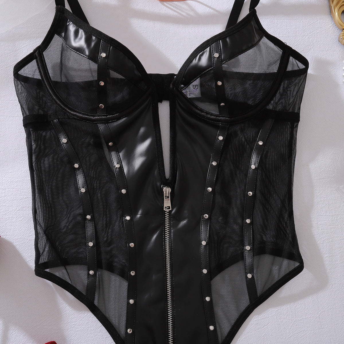 Sexy See through Mesh Patchwork Faux Leather Slim Fit Sexy Rivets Shaping Jumpsuit