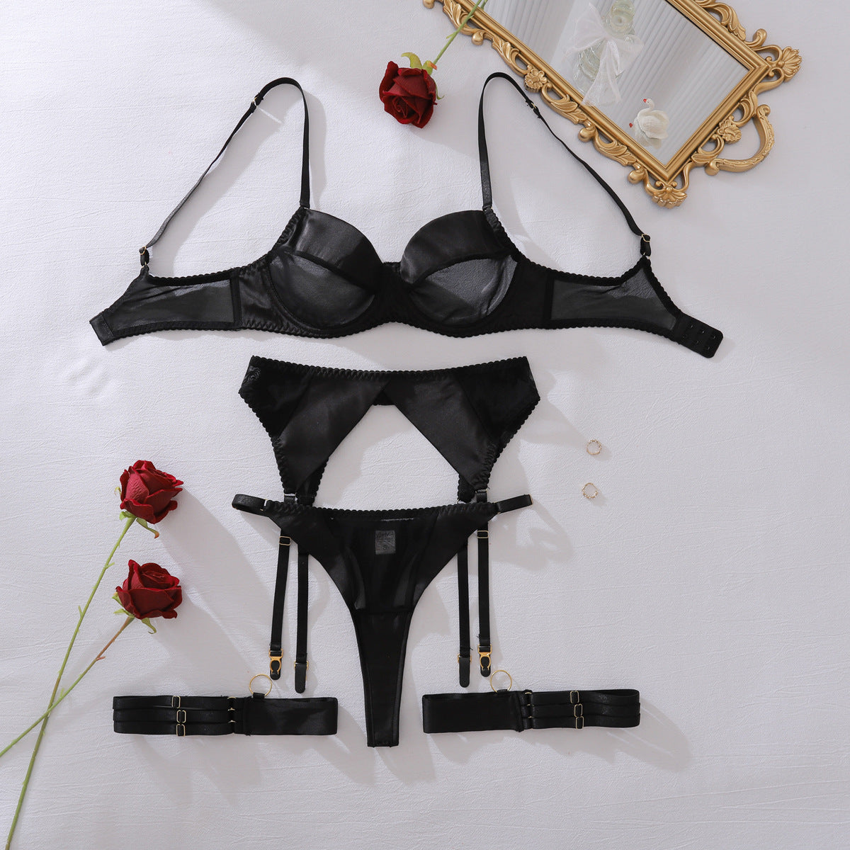 Sexy Sheer Mesh Joint Milk Silk Body Shaping Sexy Adjustment Underwear Split Set