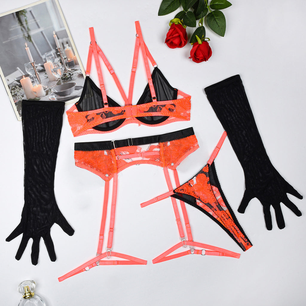 Sexy Contrast Color Embroidery Sexy Underwear Gloves Five Piece Set