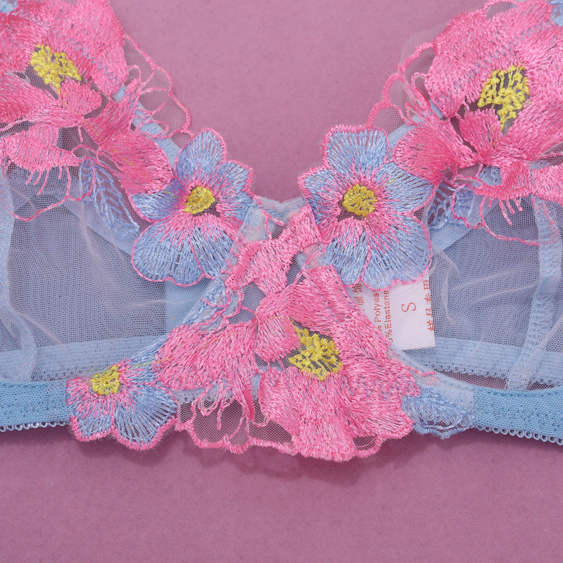 Sexy Three Point Embroidery Mesh See through Sexy Lingerie Four Piece Set