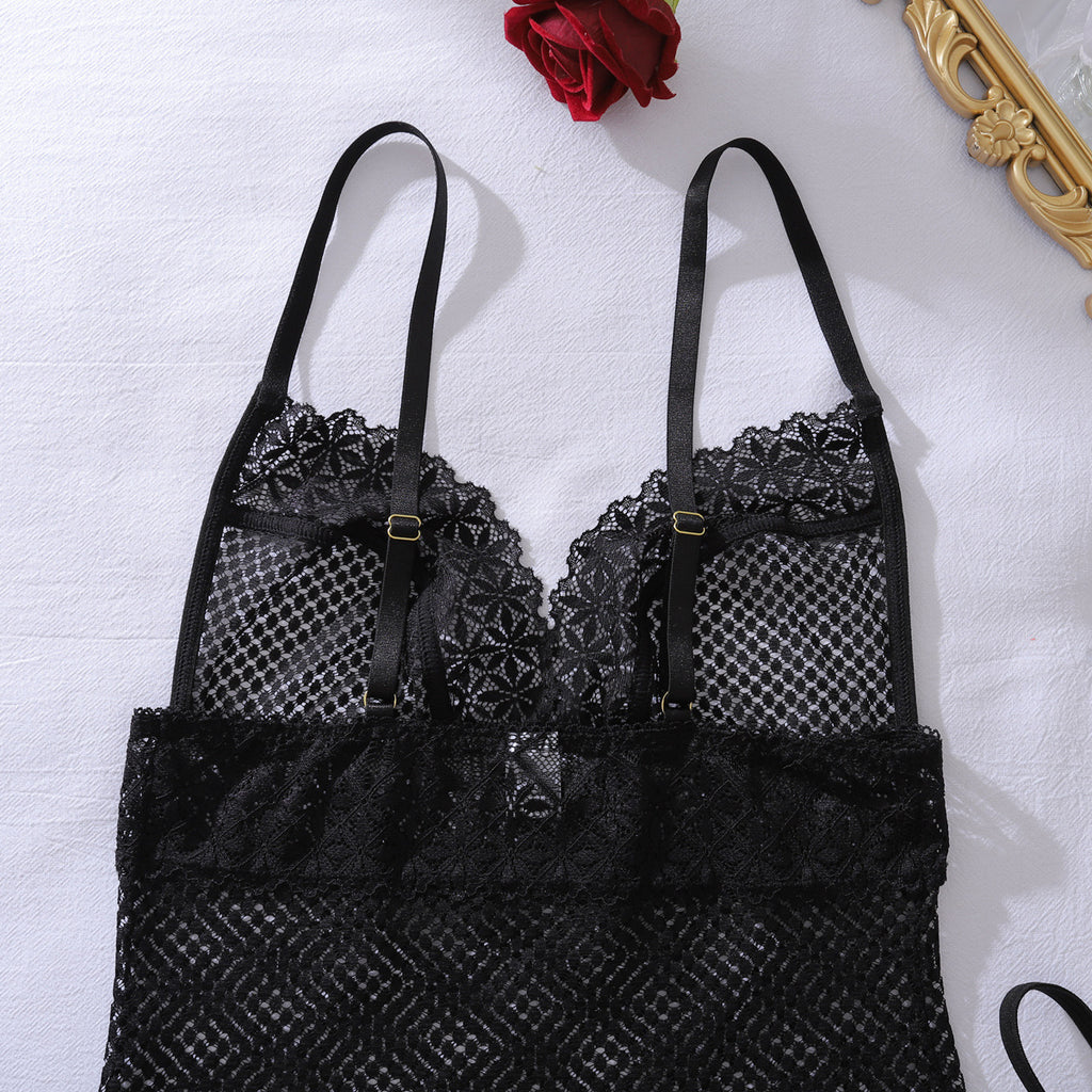 Deep V Plunge See through Lace Hollow Out Cutout Fishnet Clothes Body Shaping Sheath Sexy Sling Split Set