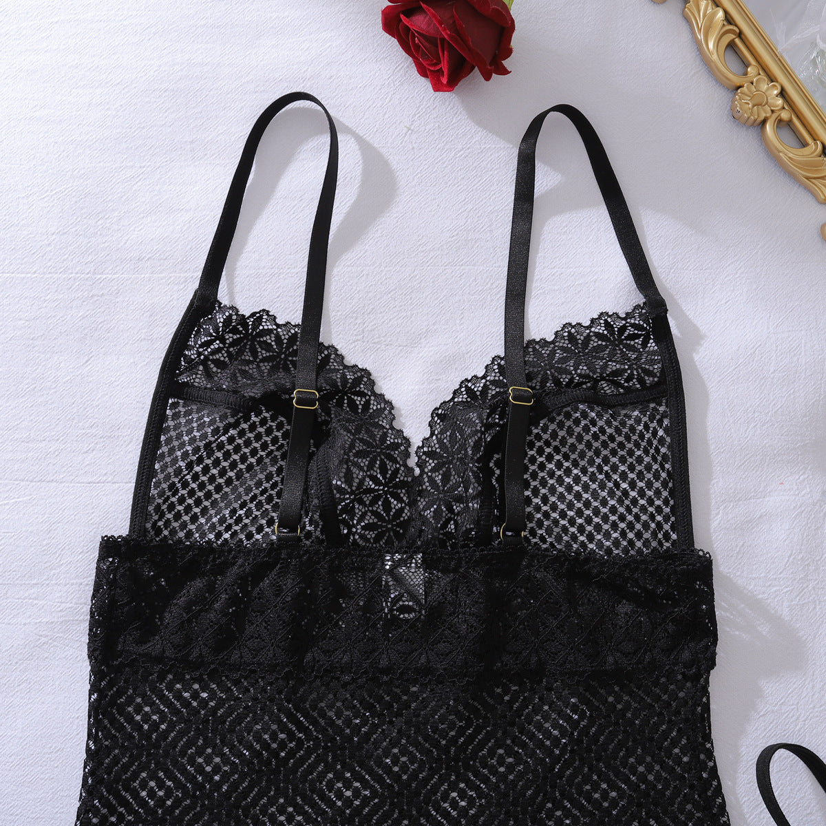 Deep V Plunge See through Lace Hollow Out Cutout Fishnet Clothes Body Shaping Sheath Sexy Sling Split Set