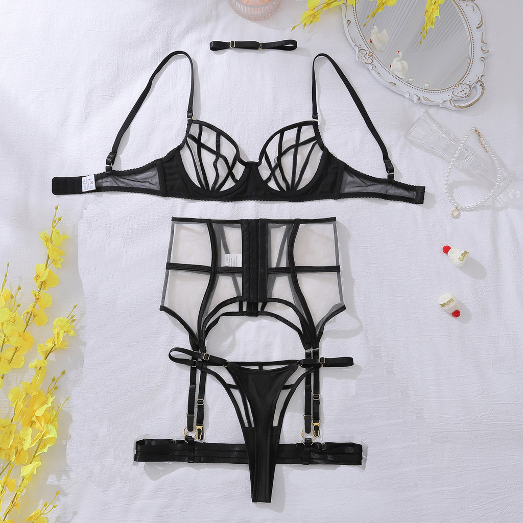 Summer Heavy Craft Transparent Mesh Body Shaping Split Adjustment Type Sexy Lingerie Set