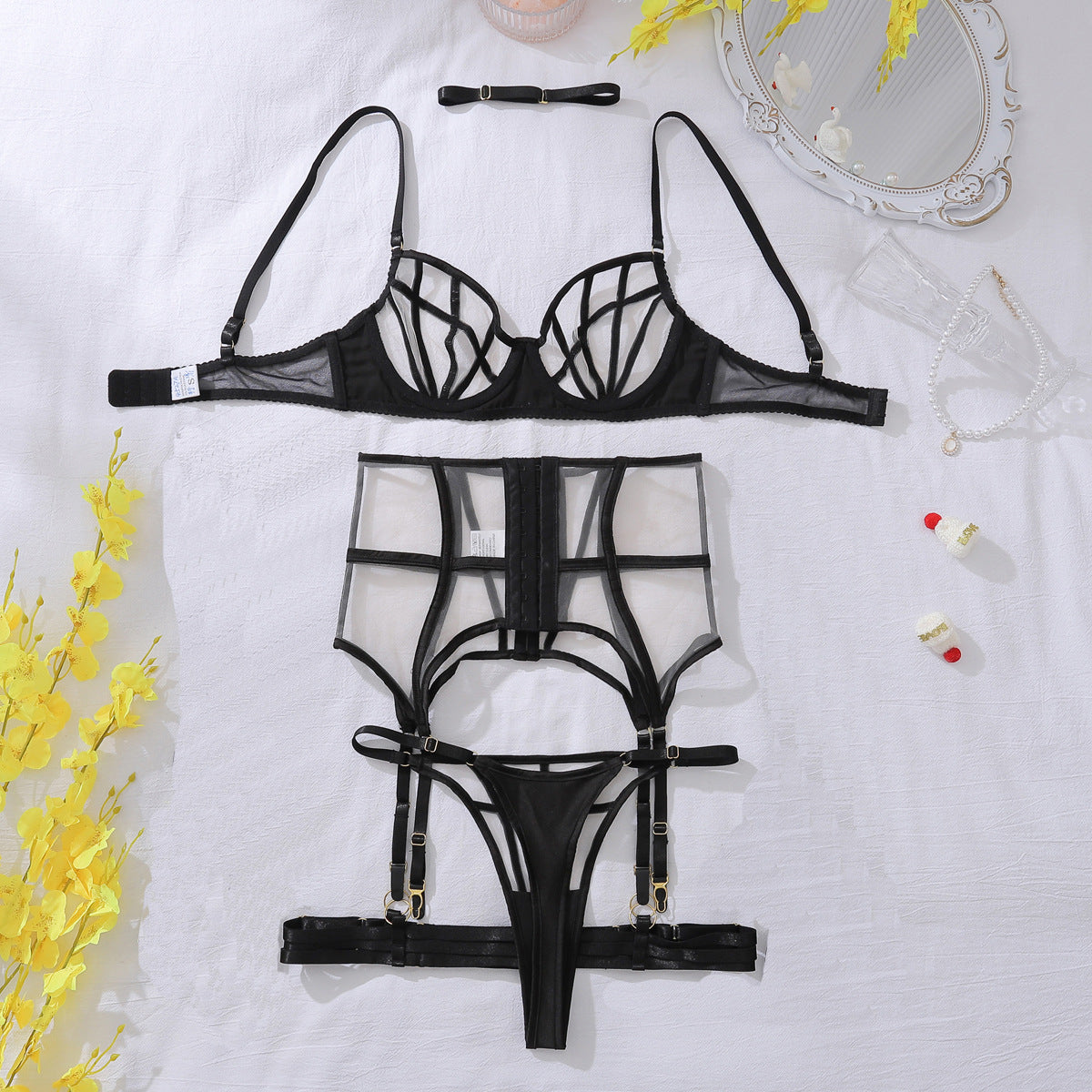 Summer Heavy Craft Transparent Mesh Body Shaping Split Adjustment Type Sexy Lingerie Set