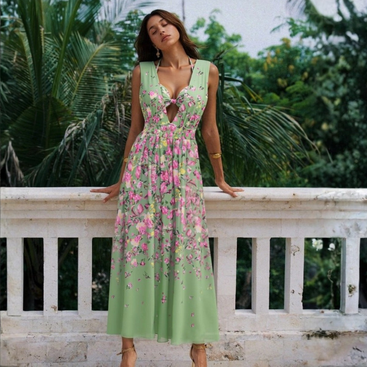 Swimsuit Green Floral One Piece Swimsuit Women Halter Set
