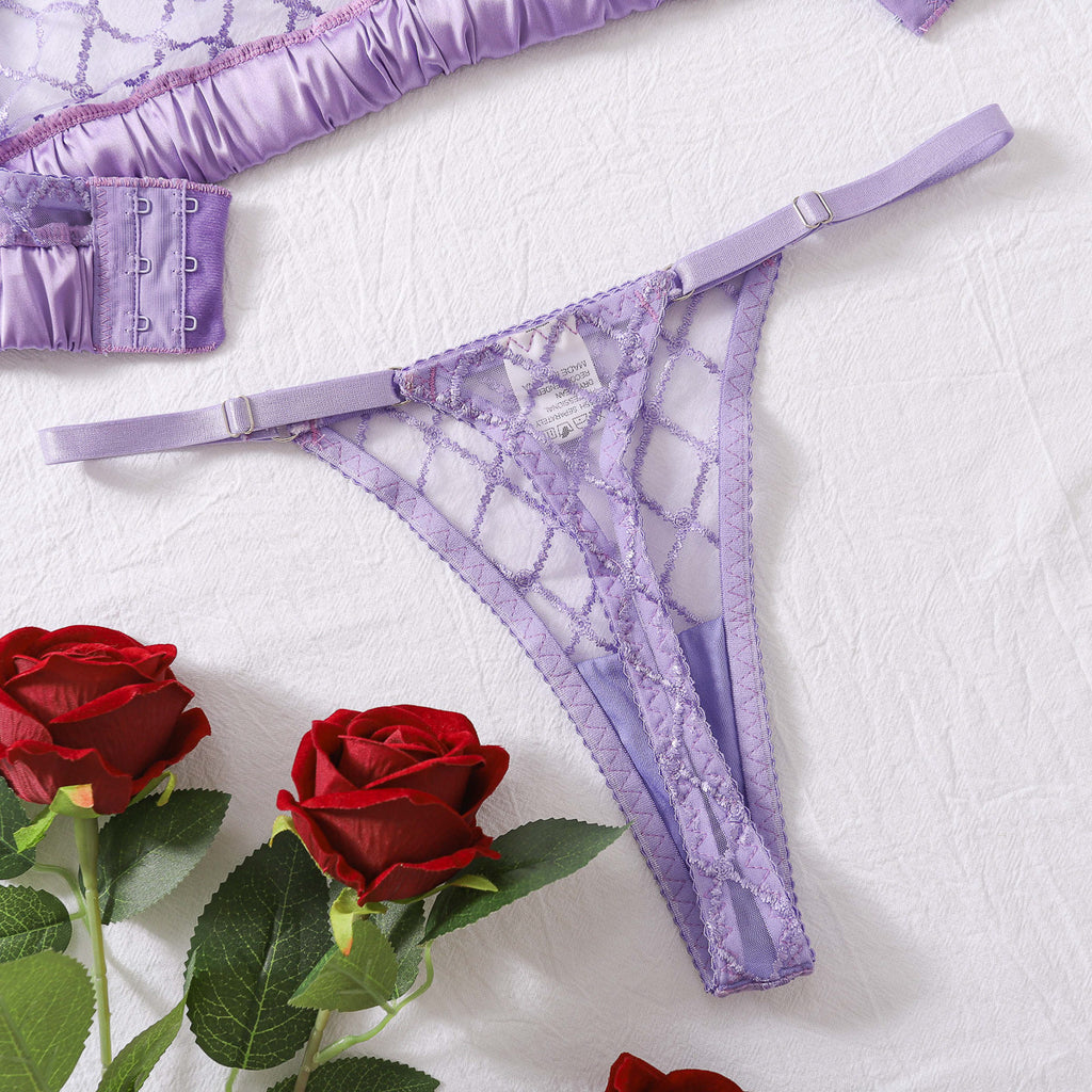 French Sexy Purple Lace Thin Bra Set Mesh See through Shapewear Underwear Two Piece Set