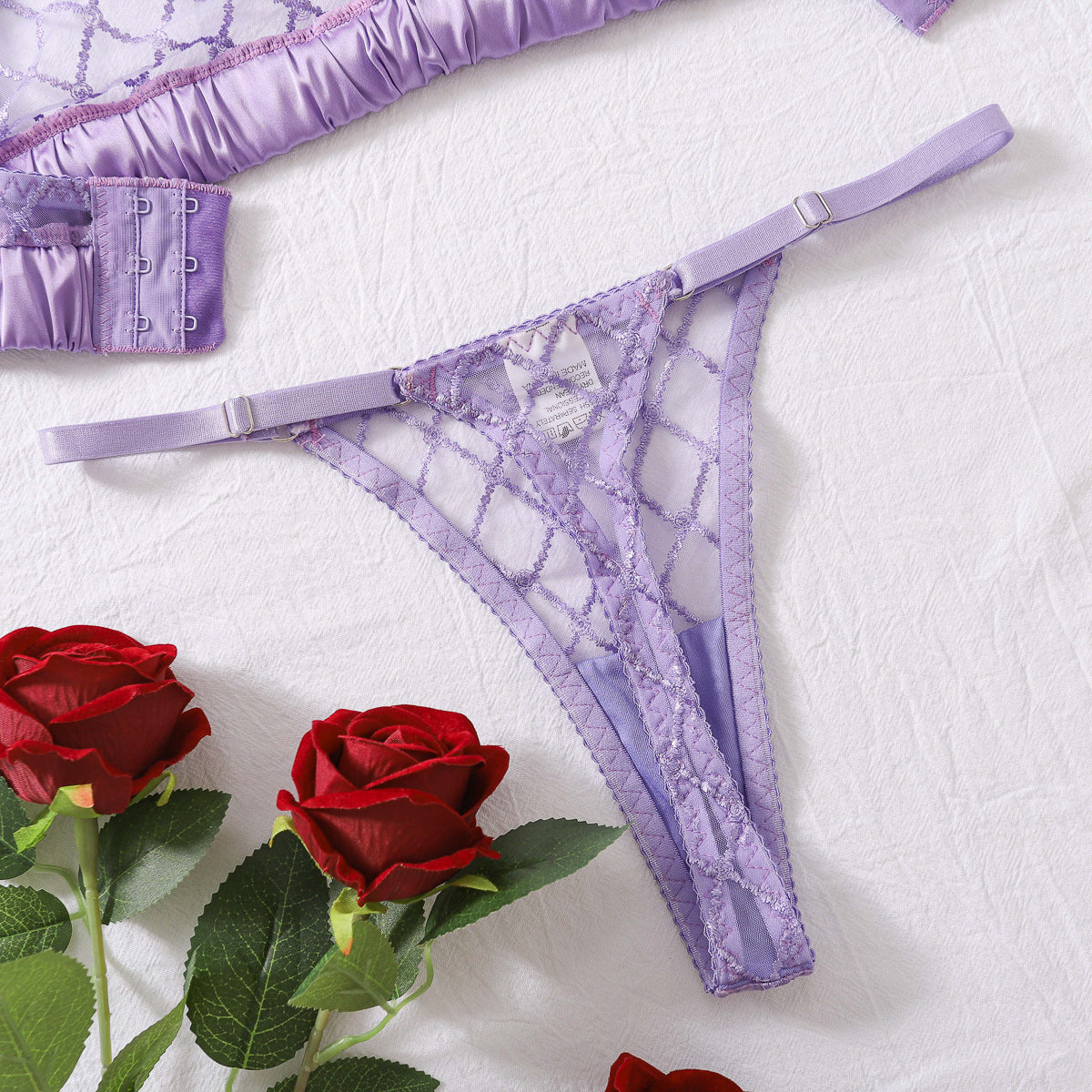 French Sexy Purple Lace Thin Bra Set Mesh See through Shapewear Underwear Two Piece Set
