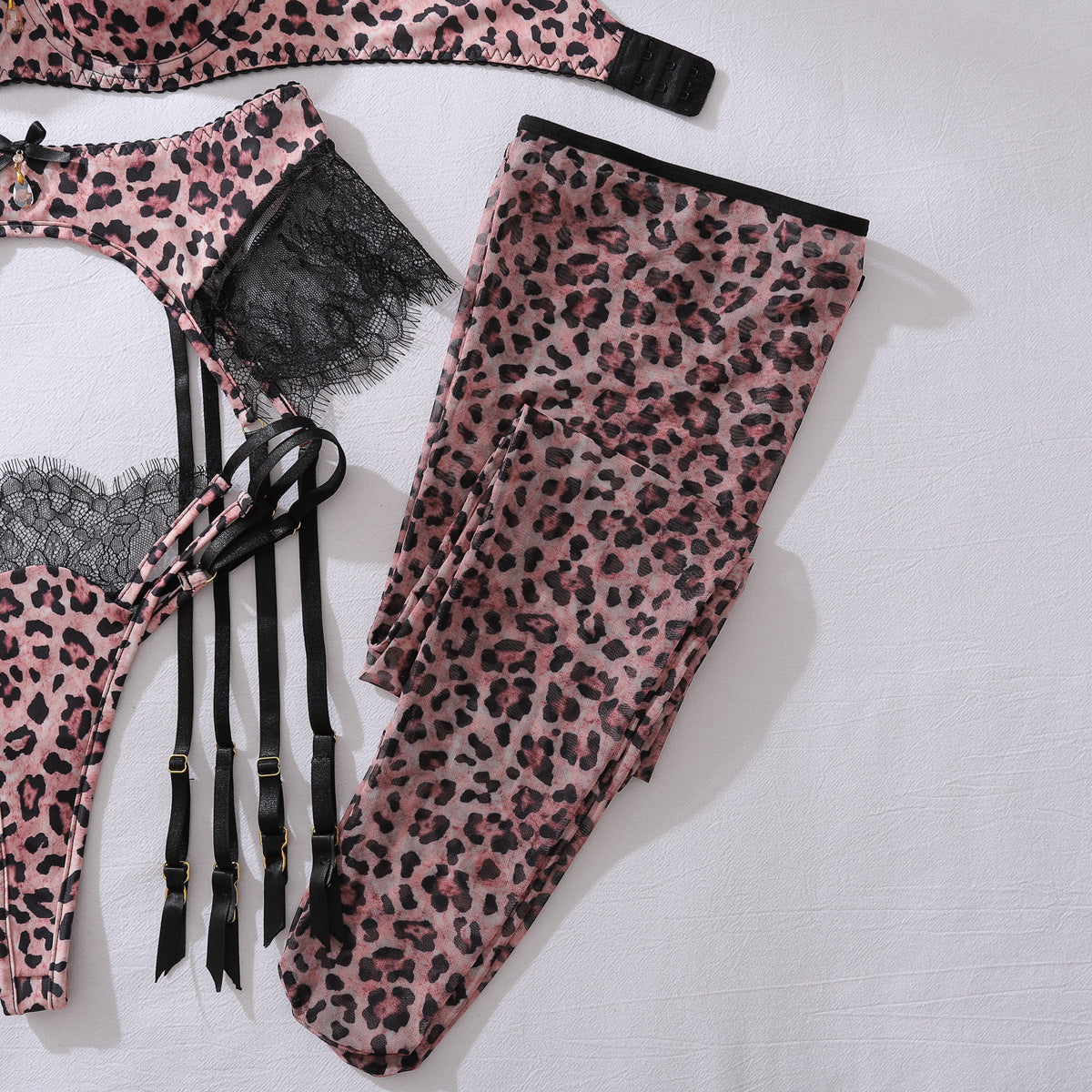 Leopard Splicing Sheer Cutout Lace Body Shaping Sexy Double Shoulder Strap Underwear Sets Assembly Leggings