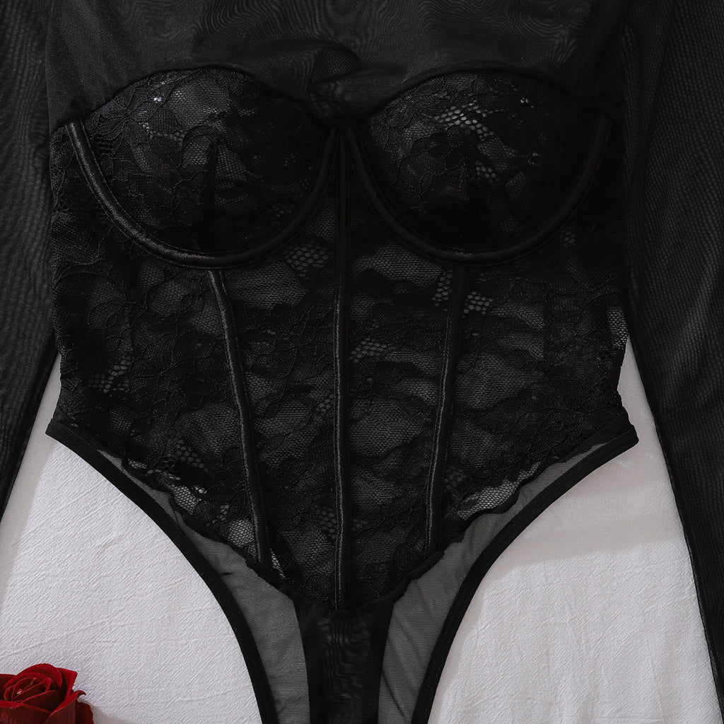Floral Cutout Lace Stitching Sheer Mesh Body Shaping Sexy Jumpsuit Adjustable Crotch