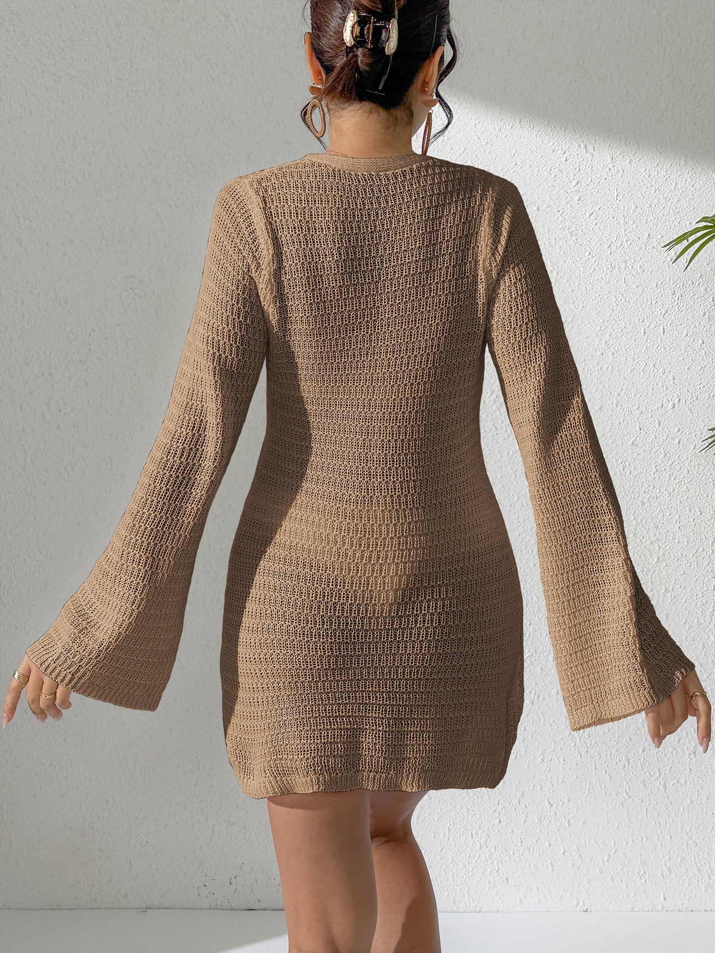 Sexy Deep V Plunge-neck Hollow Out Cutout out Bell Sleeve Beach Cover up Bikini Cover up Crochet Decorative Dress