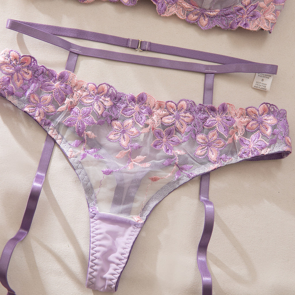 Purple Floral Embroidered Chest Cup with Lining Not Transparent Sexy Lingerie Three Piece Set Women