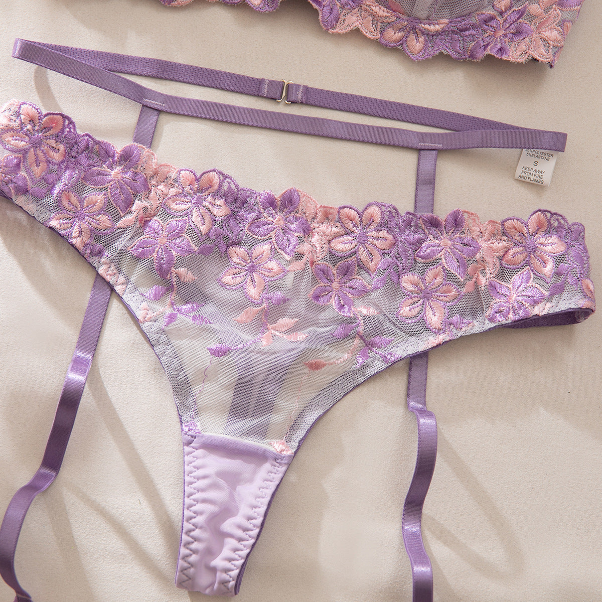 Purple Floral Embroidered Chest Cup with Lining Not Transparent Sexy Lingerie Three Piece Set Women