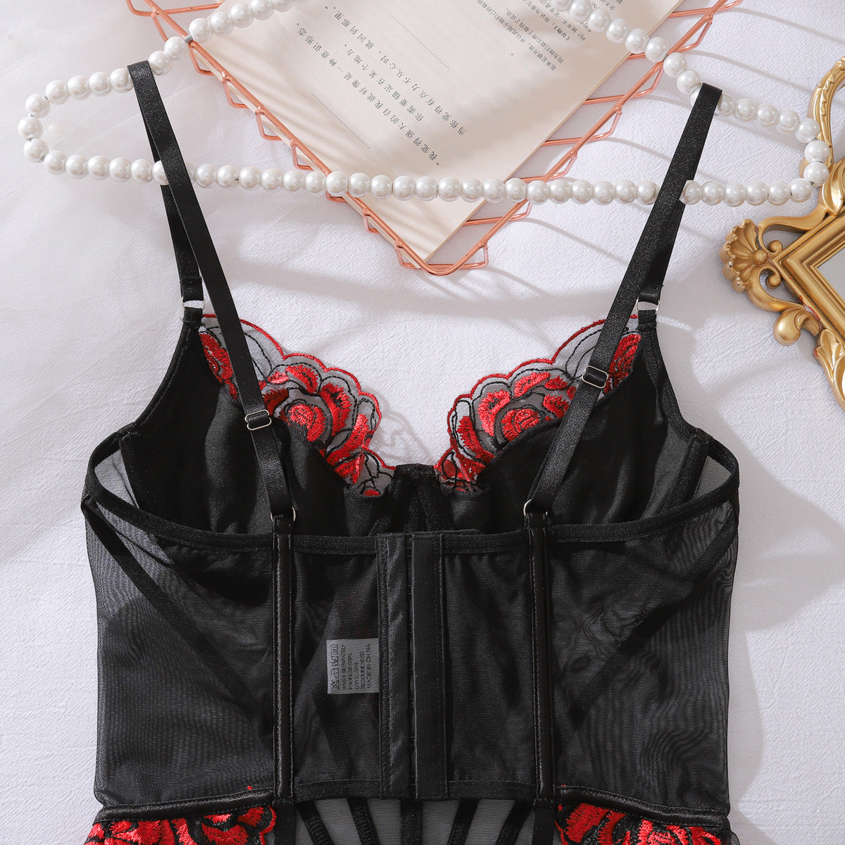 Contrast Color Lace Embroidery Corset See through Body Shaping Sexy Underwear Split Set
