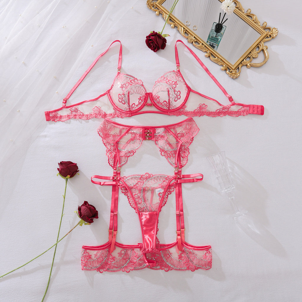 See through Embroidery Lace Body Shaping Sexy Underwear Split Two Piece Sets
