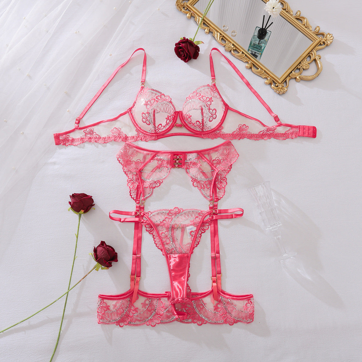 See through Embroidery Lace Body Shaping Sexy Underwear Split Two Piece Sets