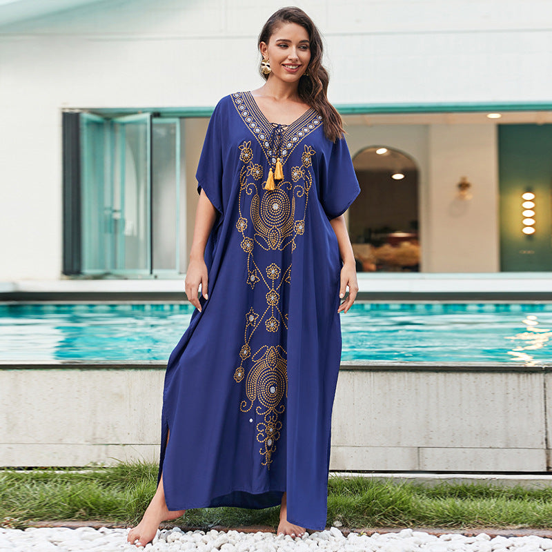 Rayon Embroidered Holiday Loose Maxi Dress Women Beach Jacket Maxi Dress Beach Cover Up