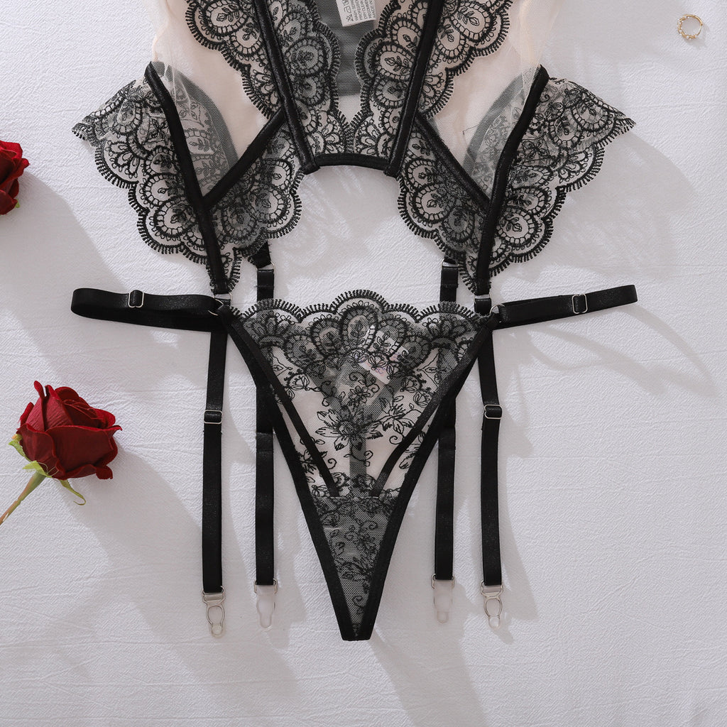 Eyelash Lace Embroidery See through Stitching Mesh Push up Thin Sexy Bodybuilding Two Piece Set