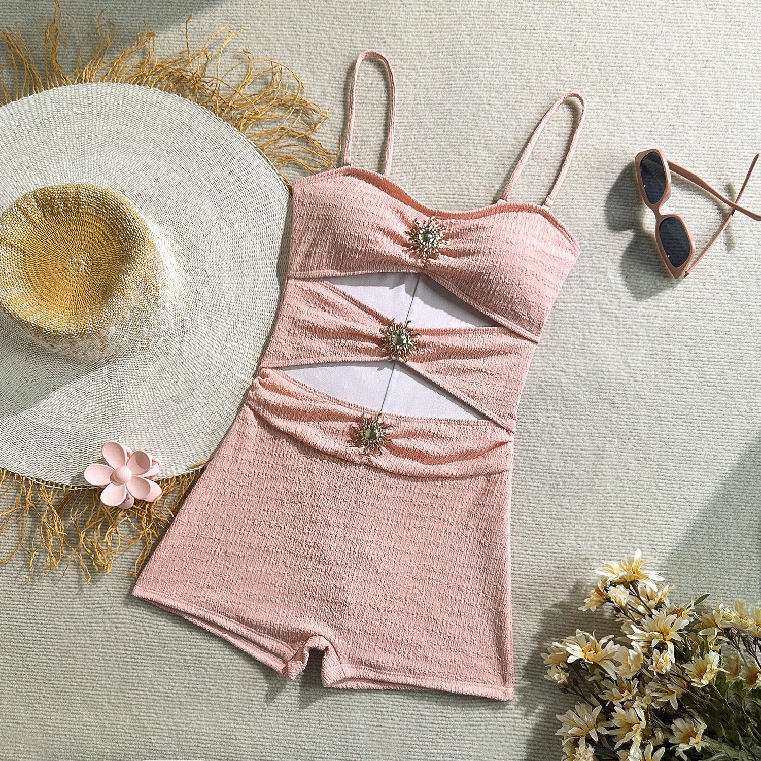 Sexy Solid Color One Piece Metal Accessories One Piece Swimsuit Women Slim Thin Swimsuit