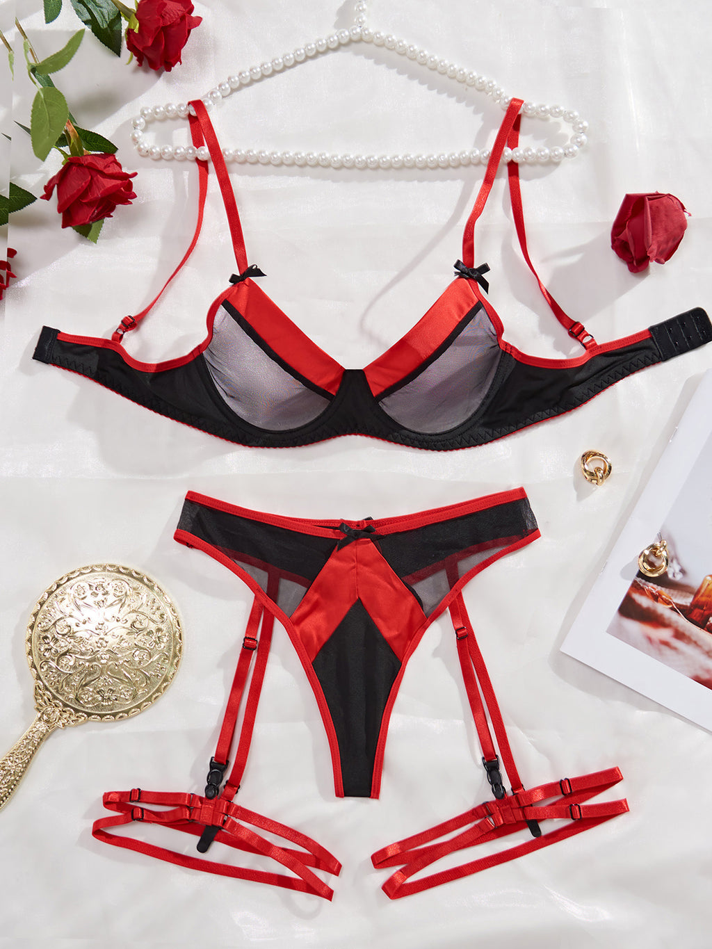 Contrast Color Sexy Suit Mesh Joint Bow Sexy Underwear Three Piece Set for Women