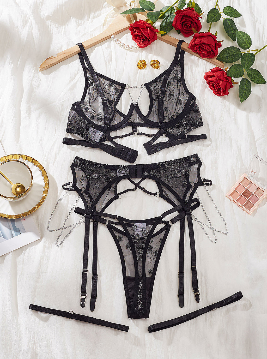 Bra Set Complex Craft Starry Embroidery Hollow Out Cutout Chain Sexy Underwear Four Piece Set