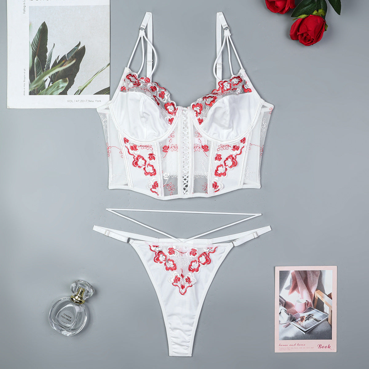 Floral Embroidery Heavy Industry Cross Sexy Lingerie Set Women