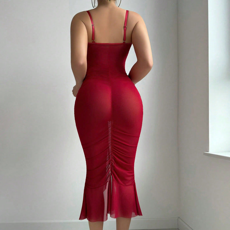 Special Pleated Sexy Lingerie Set Maxi Dress Split Sheath Sexy See through Astringent Pajamas Lace