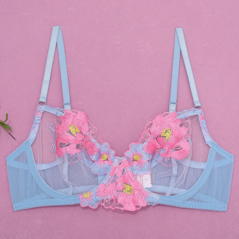Sexy Three Point Embroidery Mesh See through Sexy Lingerie Four Piece Set