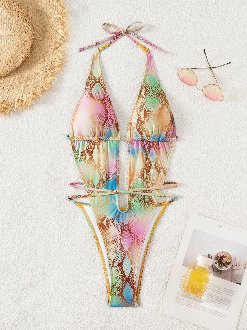 Ladies Sexy Print Deep V Plunge neck Halter Bikini Summer Vacation Swimsuit