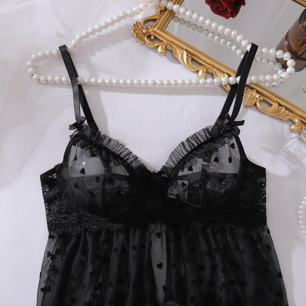See through Lace Mesh Sexy Strappy Bow Decorative Body Shaping Sexy Underwear Split