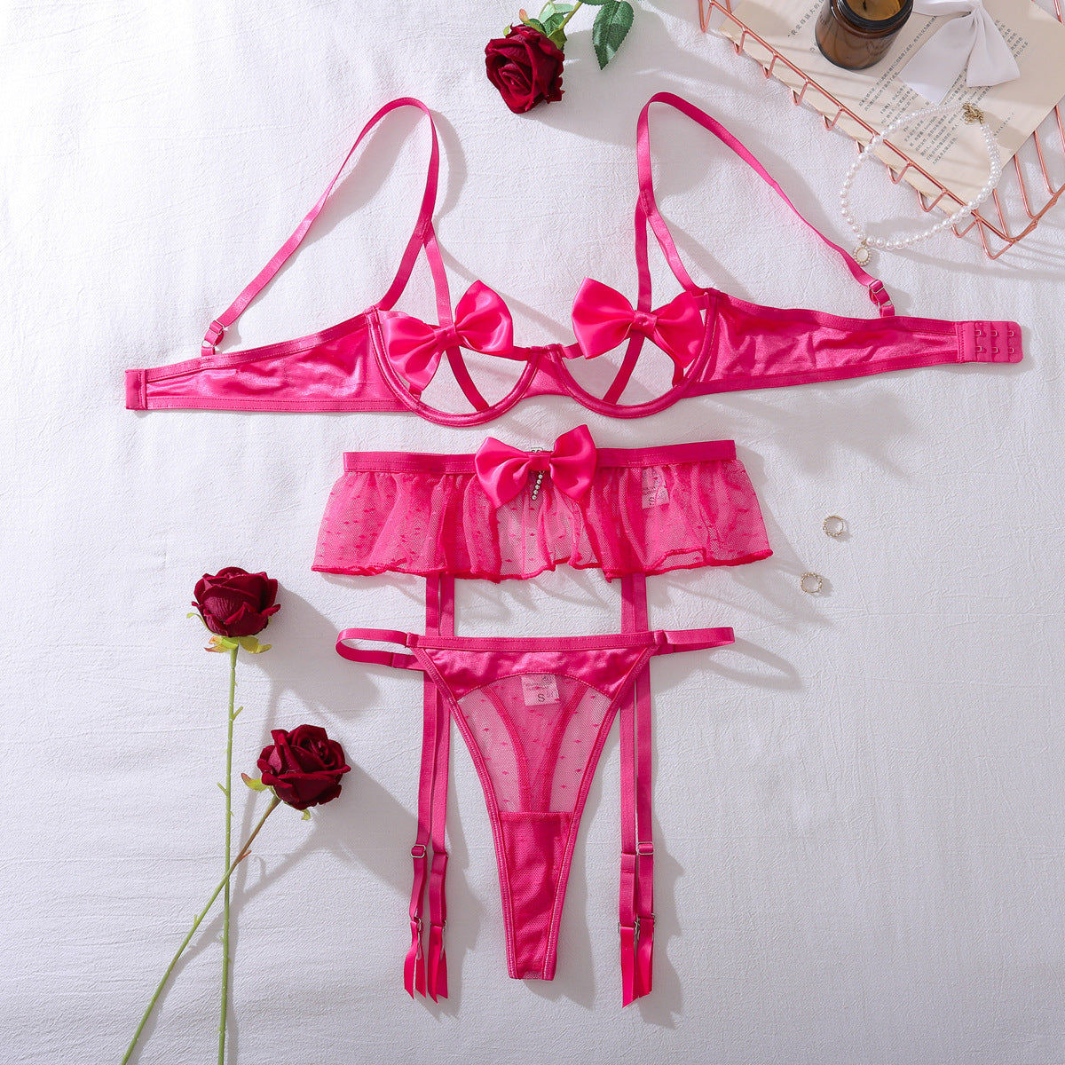 Pink Bow Rhinestone Lingerie Set — Three Piece