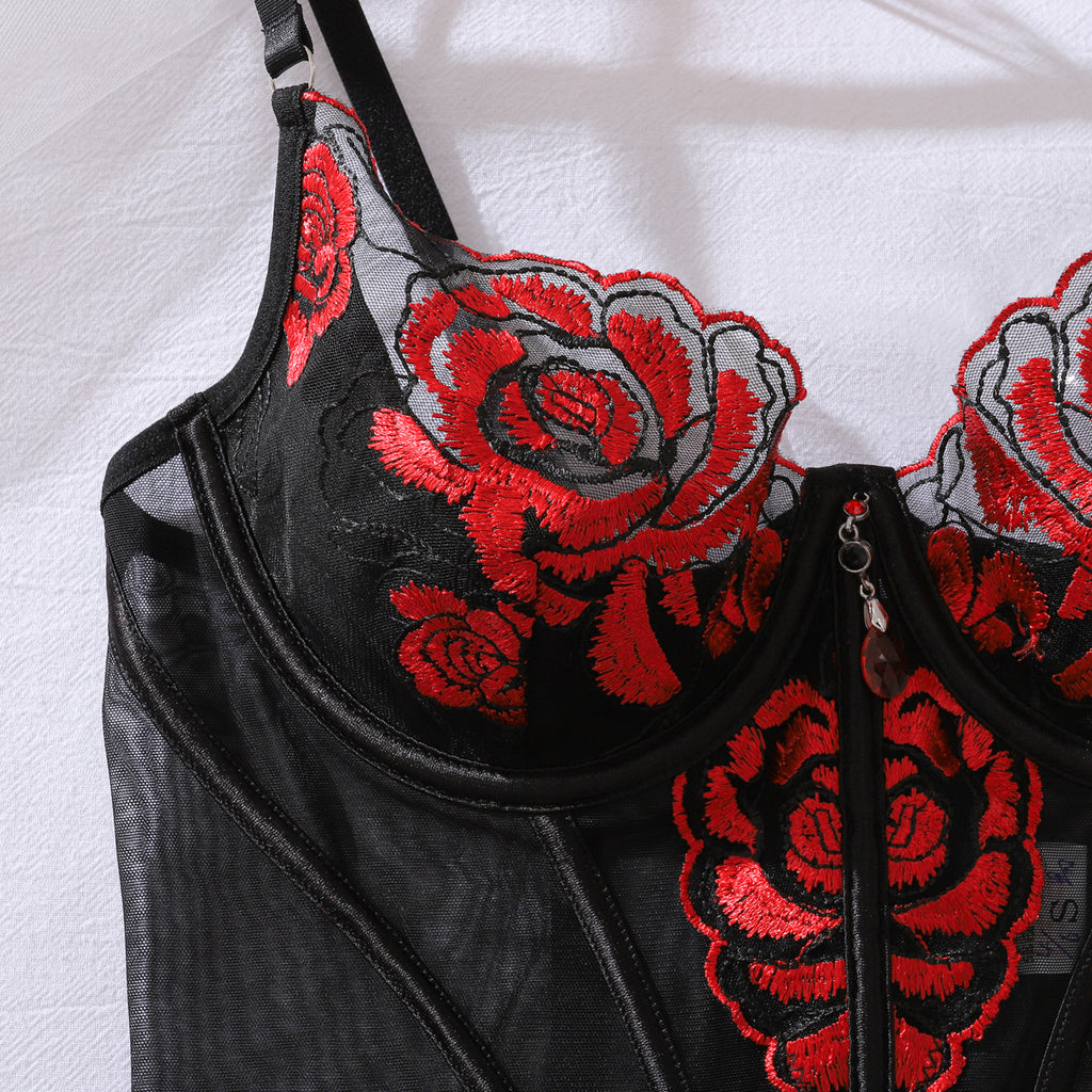 Contrast Color Lace Embroidery Corset See through Body Shaping Sexy Underwear Split Set