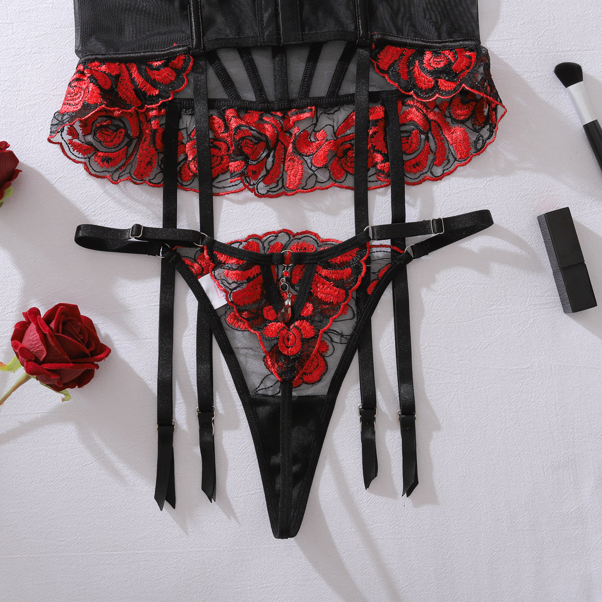 Contrast Color Lace Embroidery Corset See through Body Shaping Sexy Underwear Split Set